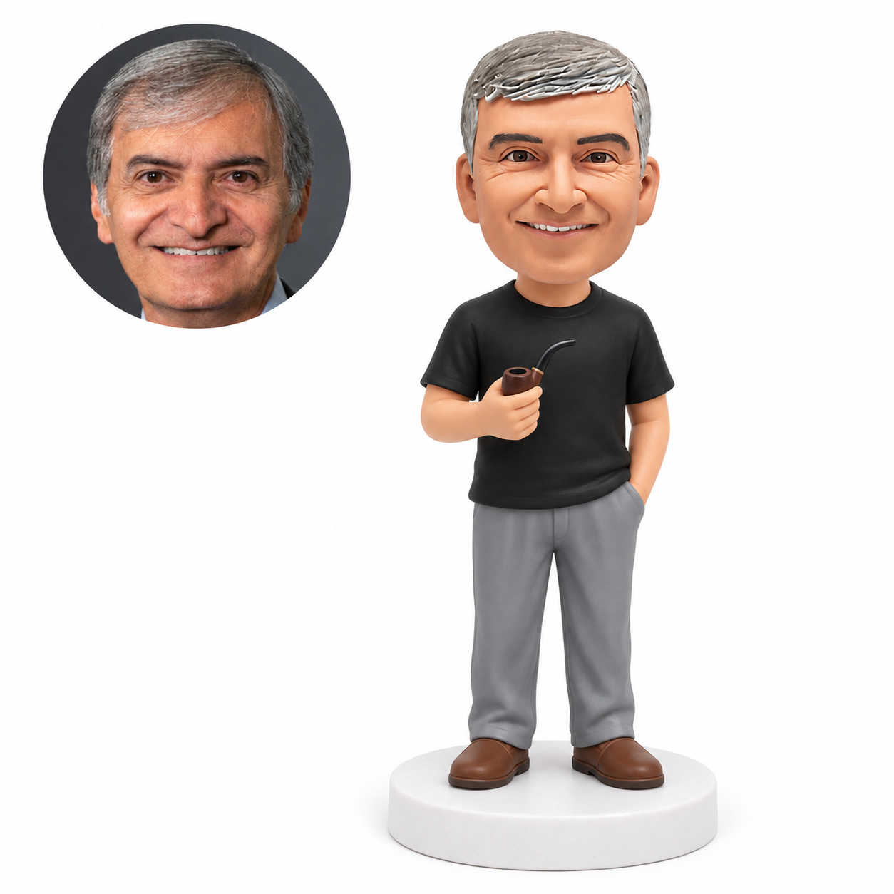 custom bobblehead figure man in a T-shirt and trousers holding a pipe