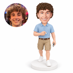 custom bobblehead figure walking man in a Polo shirt holding a cigarette and lighter