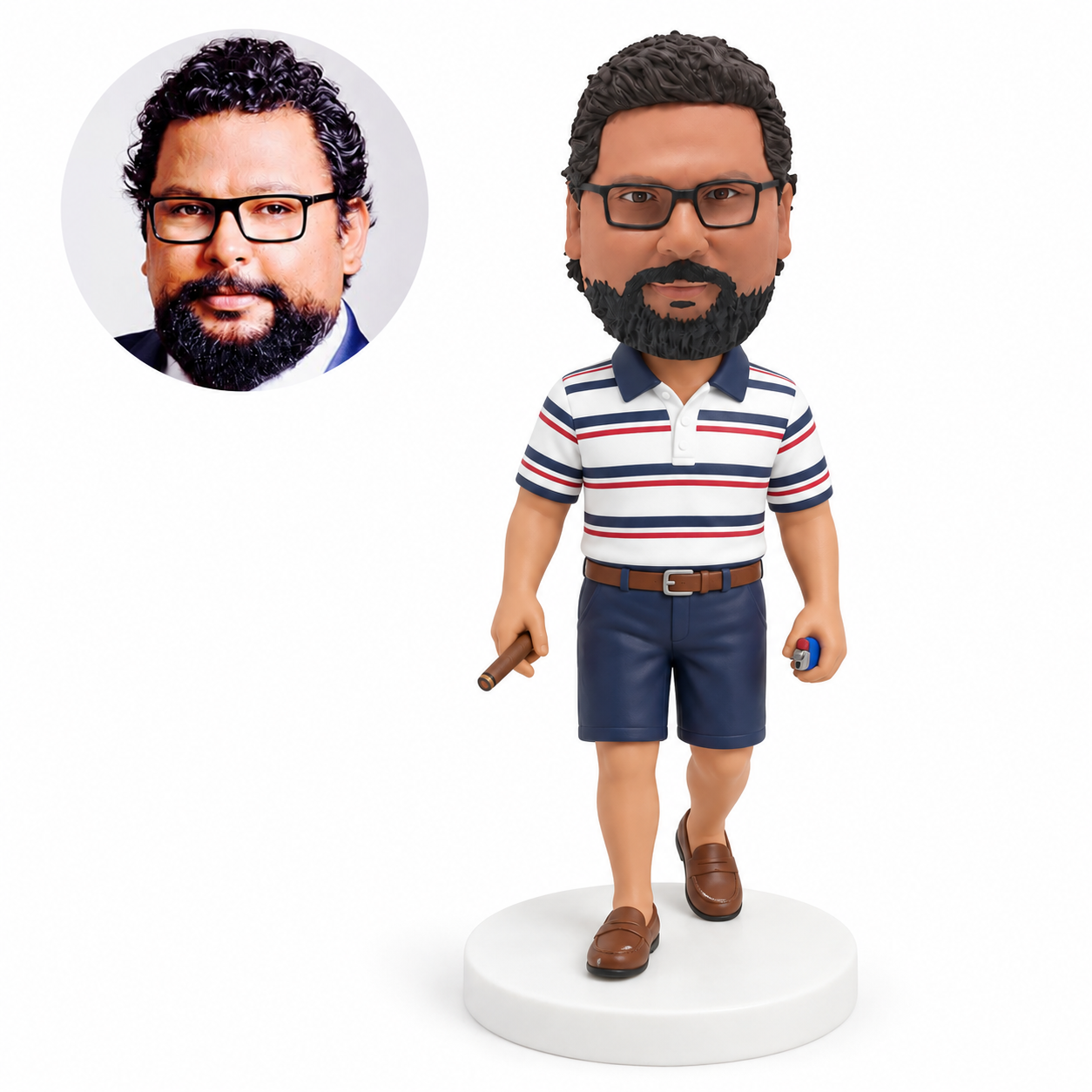 custom bobblehead figure walking man holding a cigar at his side and a lighter