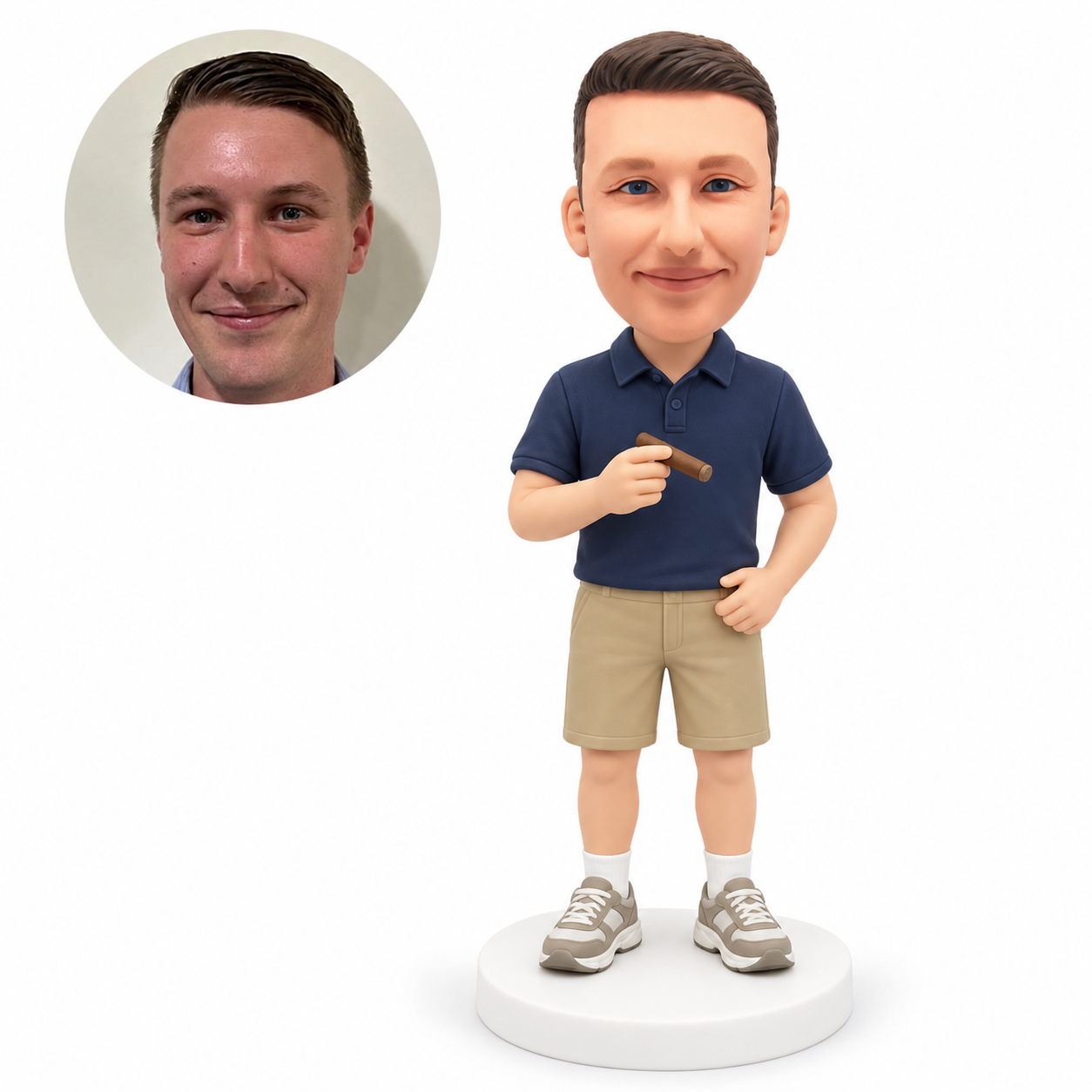 custom bobblehead figure man in a polo shirt holding a cigar with a hand at his belt