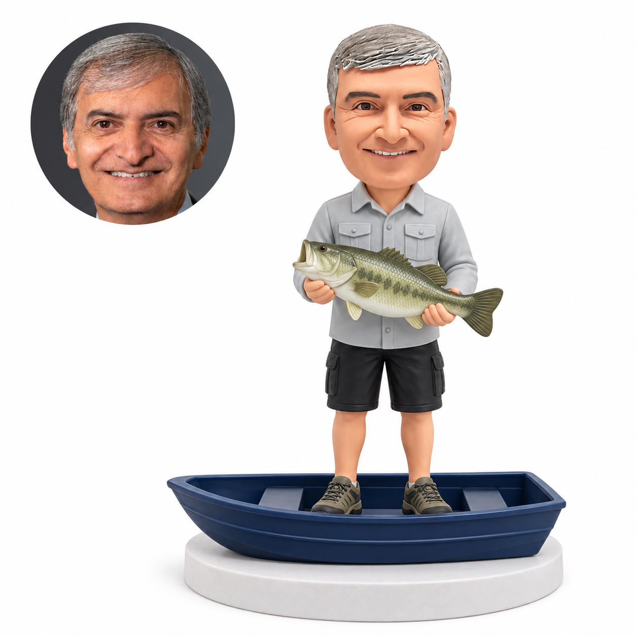 custom bobblehead figure fisherman holding a fish in a rowboat with bench seats