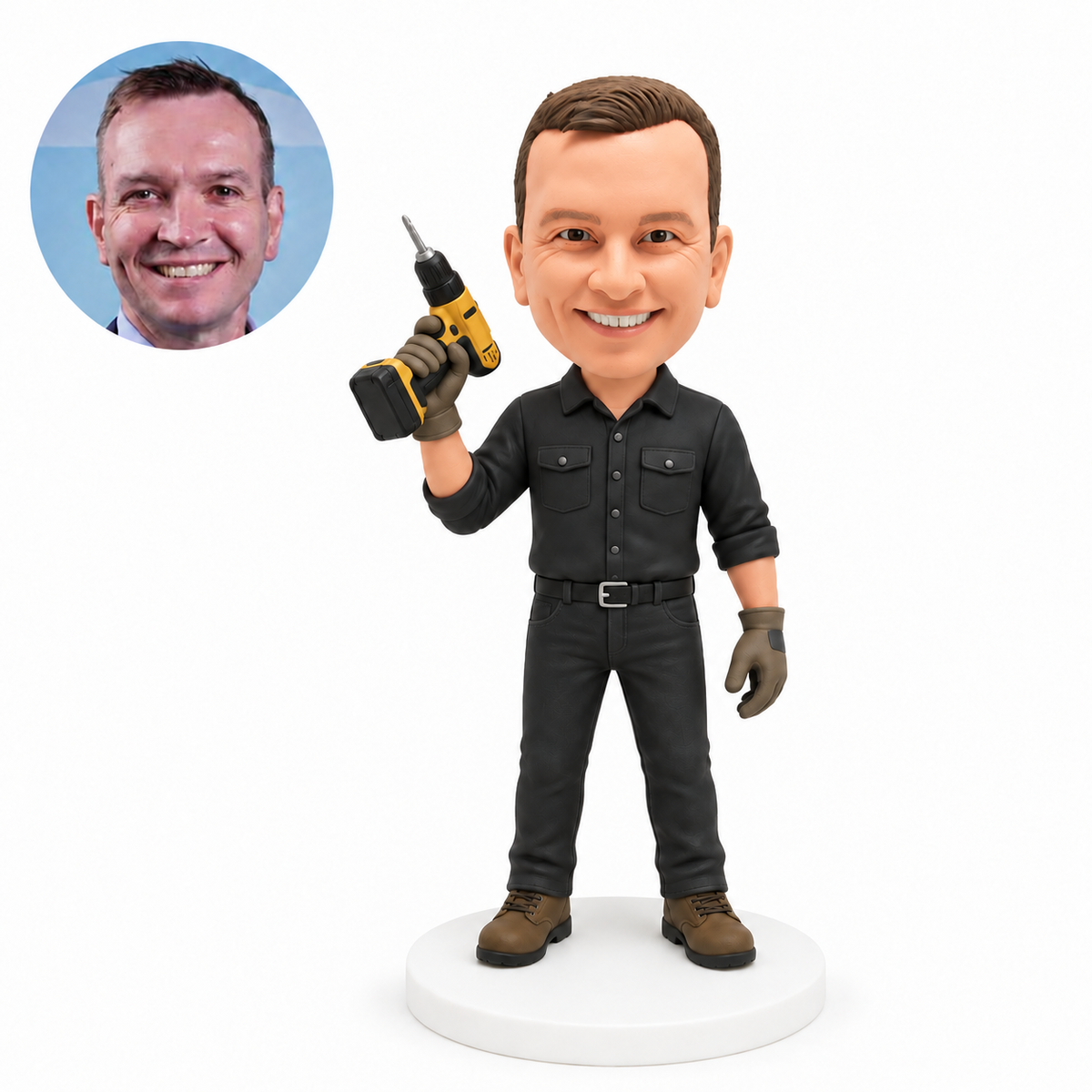 custom bobblehead figure worker in gloves holding an electric drill up