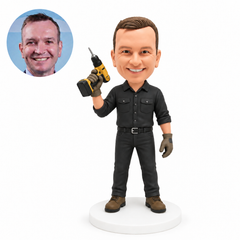 custom bobblehead figure worker in gloves holding an electric drill up