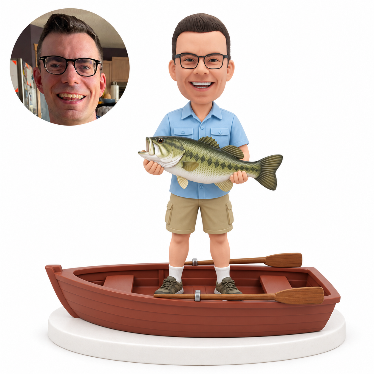 custom bobblehead figure fisherman holding a large fish in a rowboat with two oars