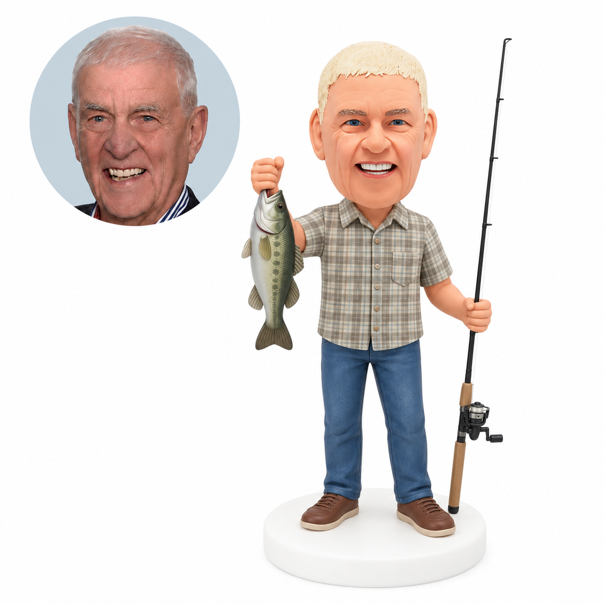 custom bobblehead figure fisherman in a plaid shirt raising a fish with a fishing rod
