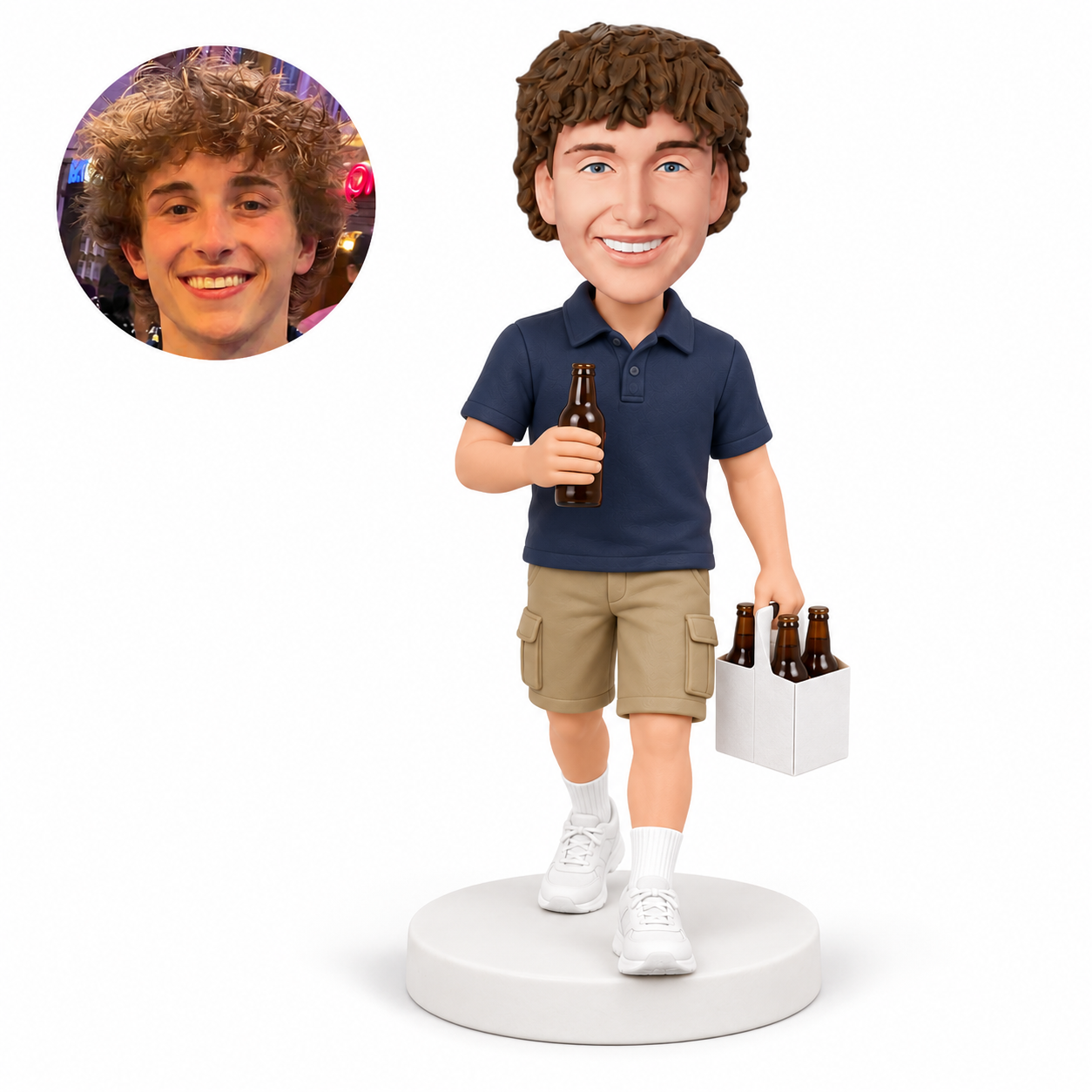 custom bobblehead figure walking man holding a beer bottle and carrier