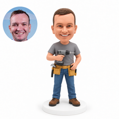 custom bobblehead figure worker in a T-shirt and tool belt holding an electric drill