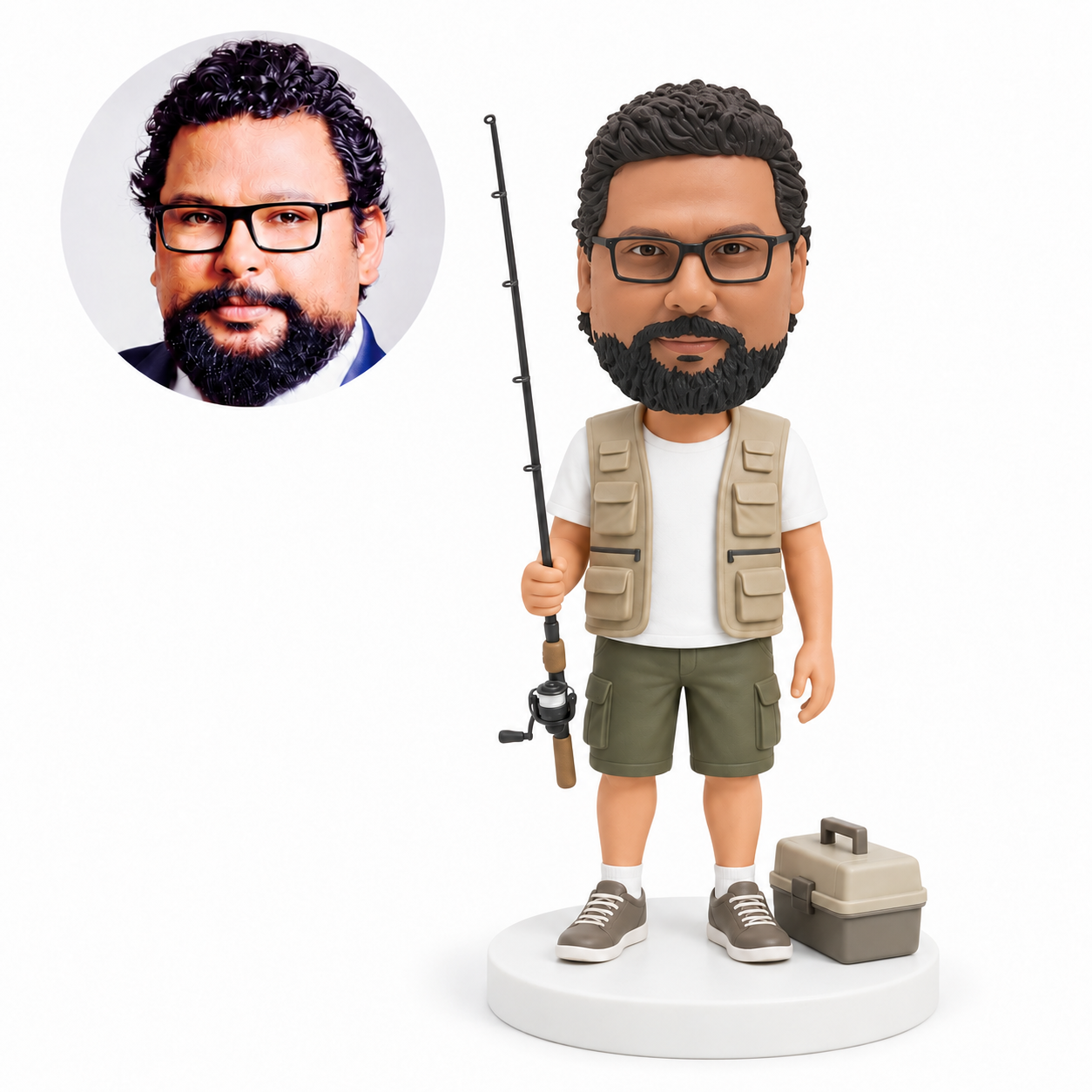 custom bobblehead figure fisherman in a vest holding a rod beside a tackle box