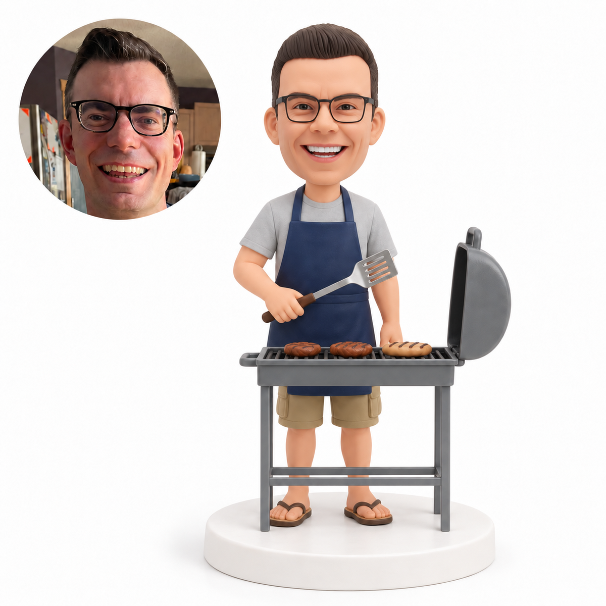 custom bobblehead figure man barbecuing behind a rectangular grill with an open lid