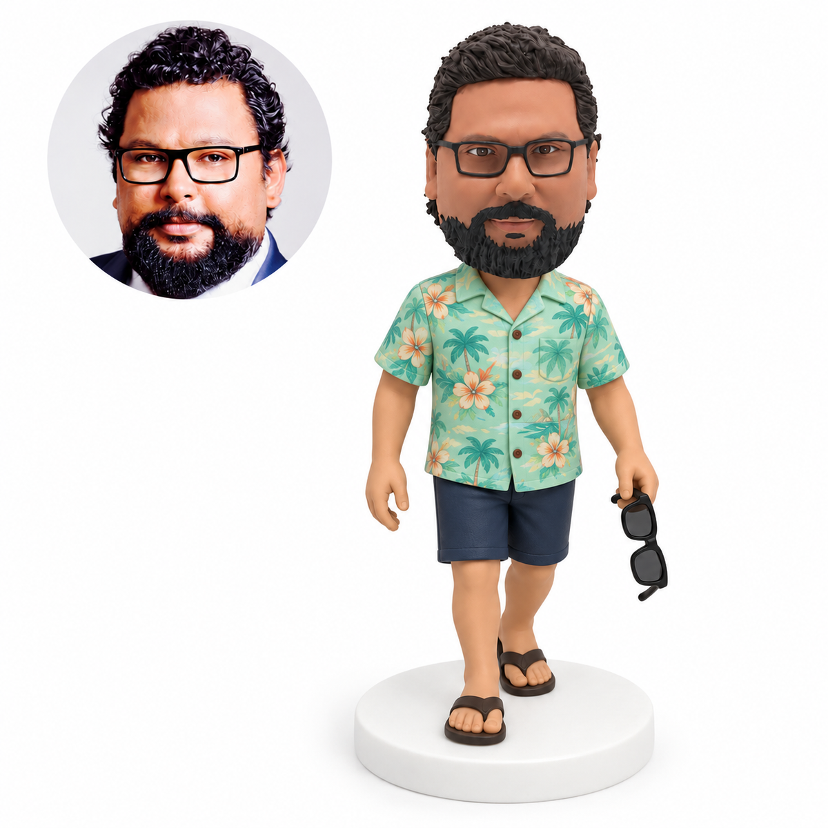custom bobblehead figure walking man in a tropical shirt holding sunglasses