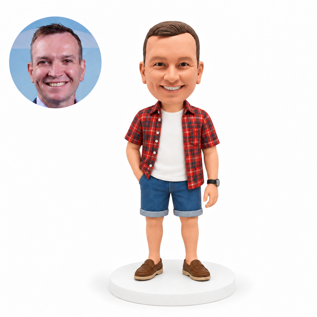custom bobblehead figure man in an open plaid shirt and denim shorts with a hand in his pocket