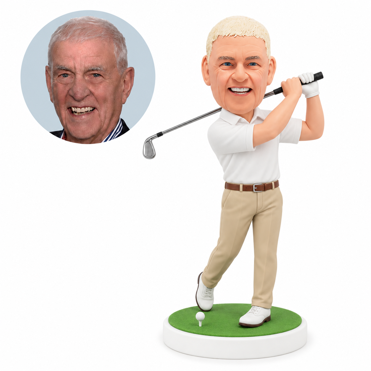 custom bobblehead figure golfer finishing a swing with an iron and one heel raised