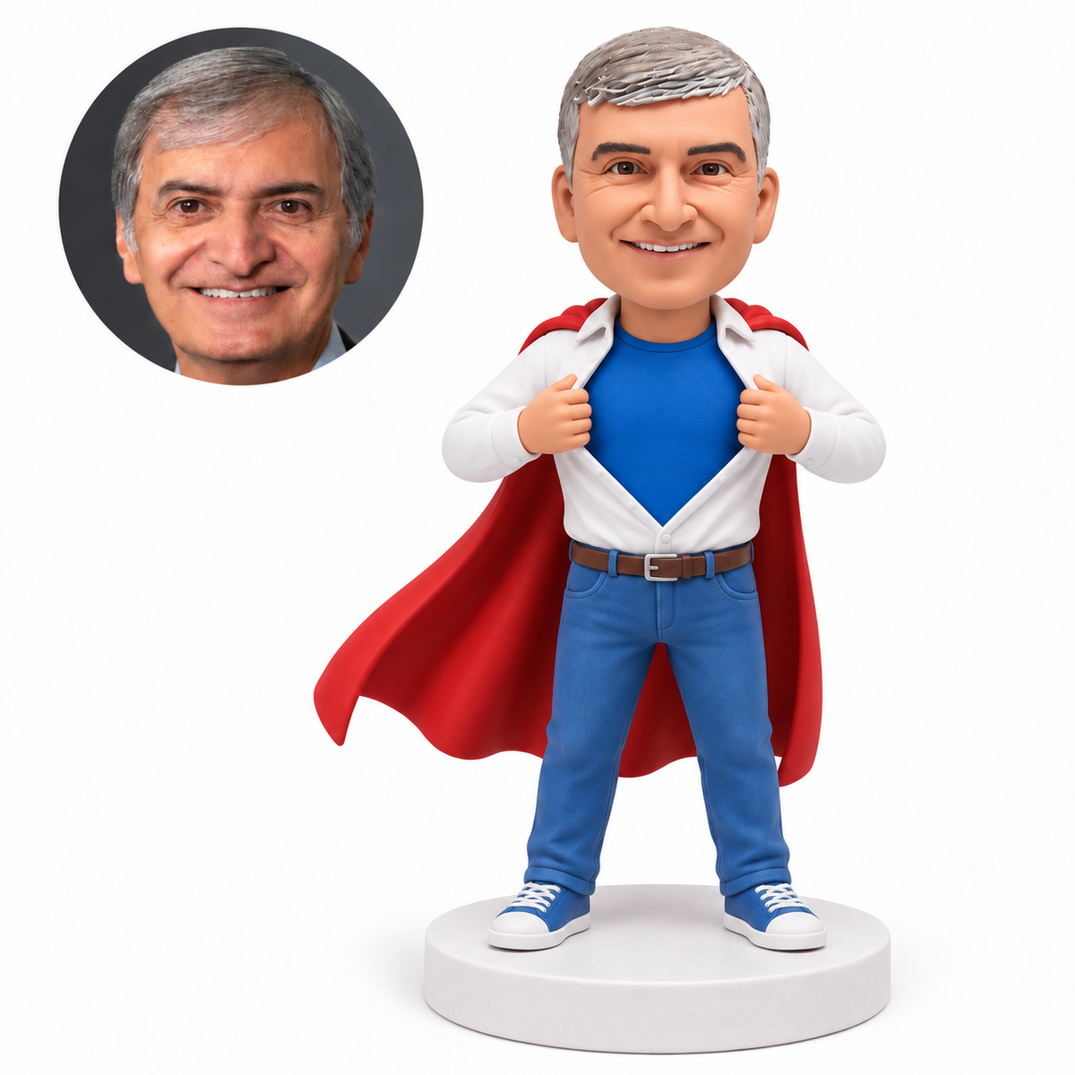 custom bobblehead figure man pulling open a shirt over a T-shirt with a cape