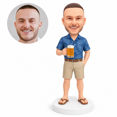 custom bobblehead figure man in a Hawaiian shirt holding a beer mug with a hand in his pocket