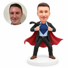 custom bobblehead figure man opening a suit and shirt with a cape in a wide stance