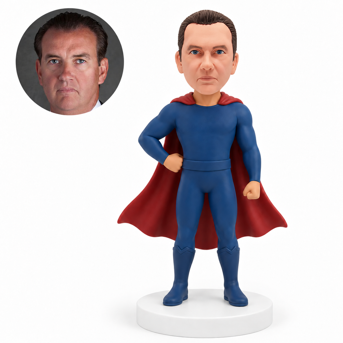 custom bobblehead figure man in a stage costume with a cape and one hand on his hip