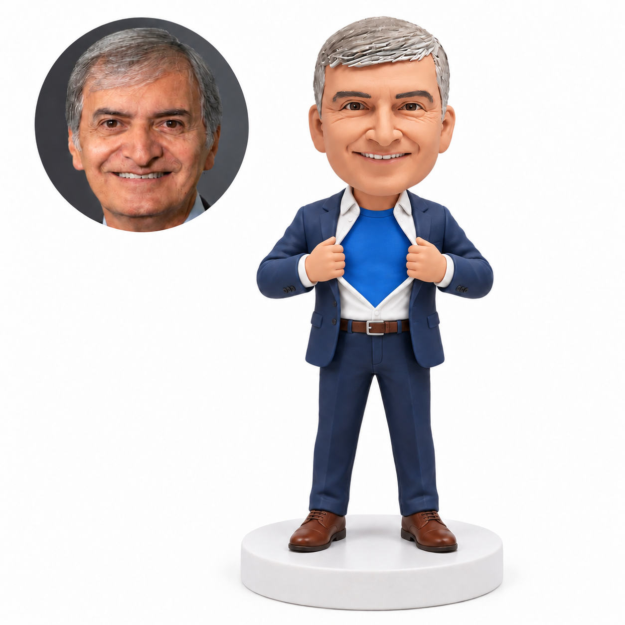 custom bobblehead figure man opening a suit and shirt over a T-shirt