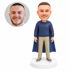 custom bobblehead figure man in a sweatshirt and trousers with a cape and arms down