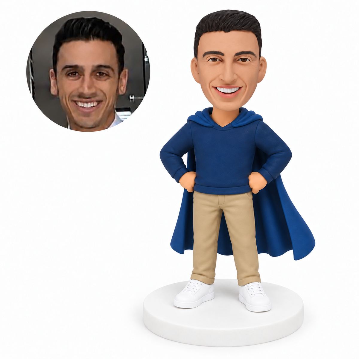 custom bobblehead figure man in a hoodie and trousers with a cape and hands on his hips