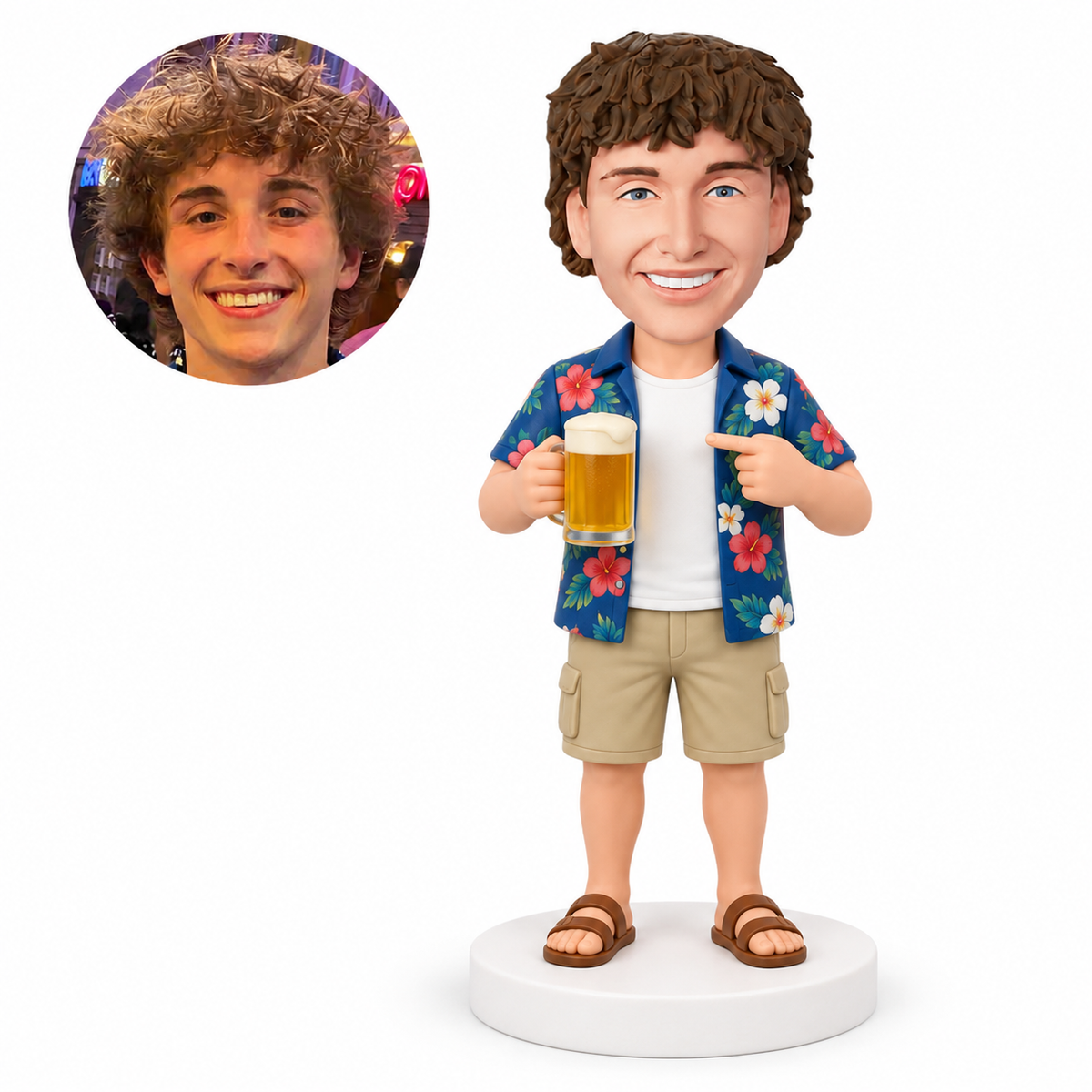 custom bobblehead figure man in an open Hawaiian shirt holding a beer mug and pointing to his T-shirt