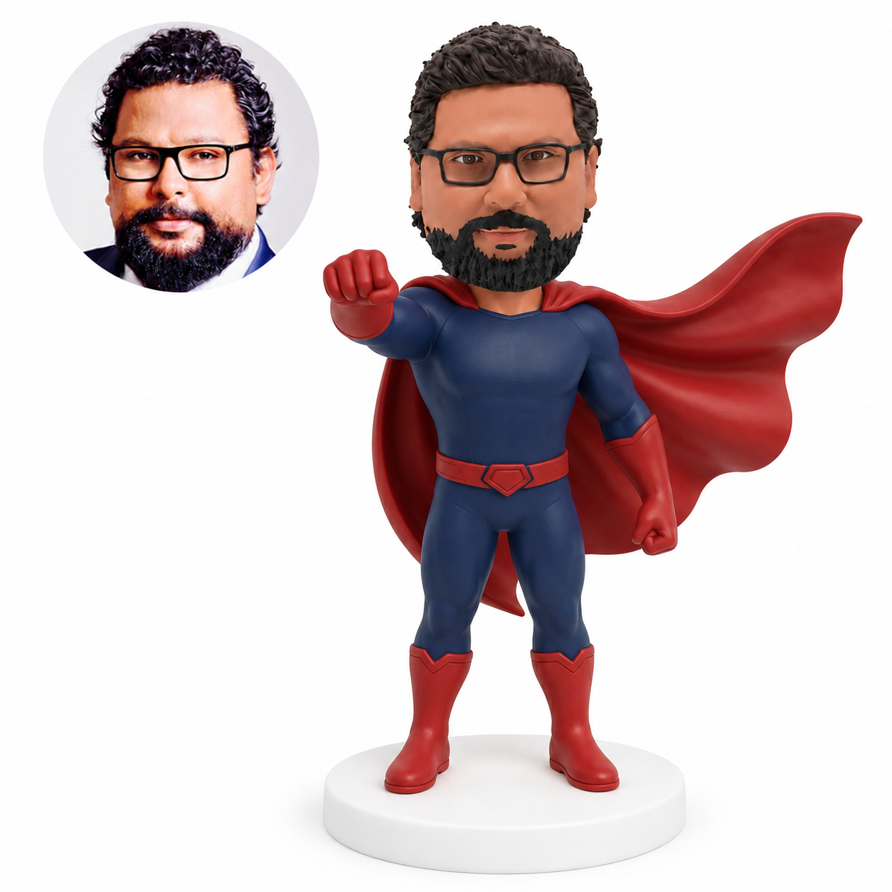 custom bobblehead figure man in a stage costume with a cape extending a fist forward
