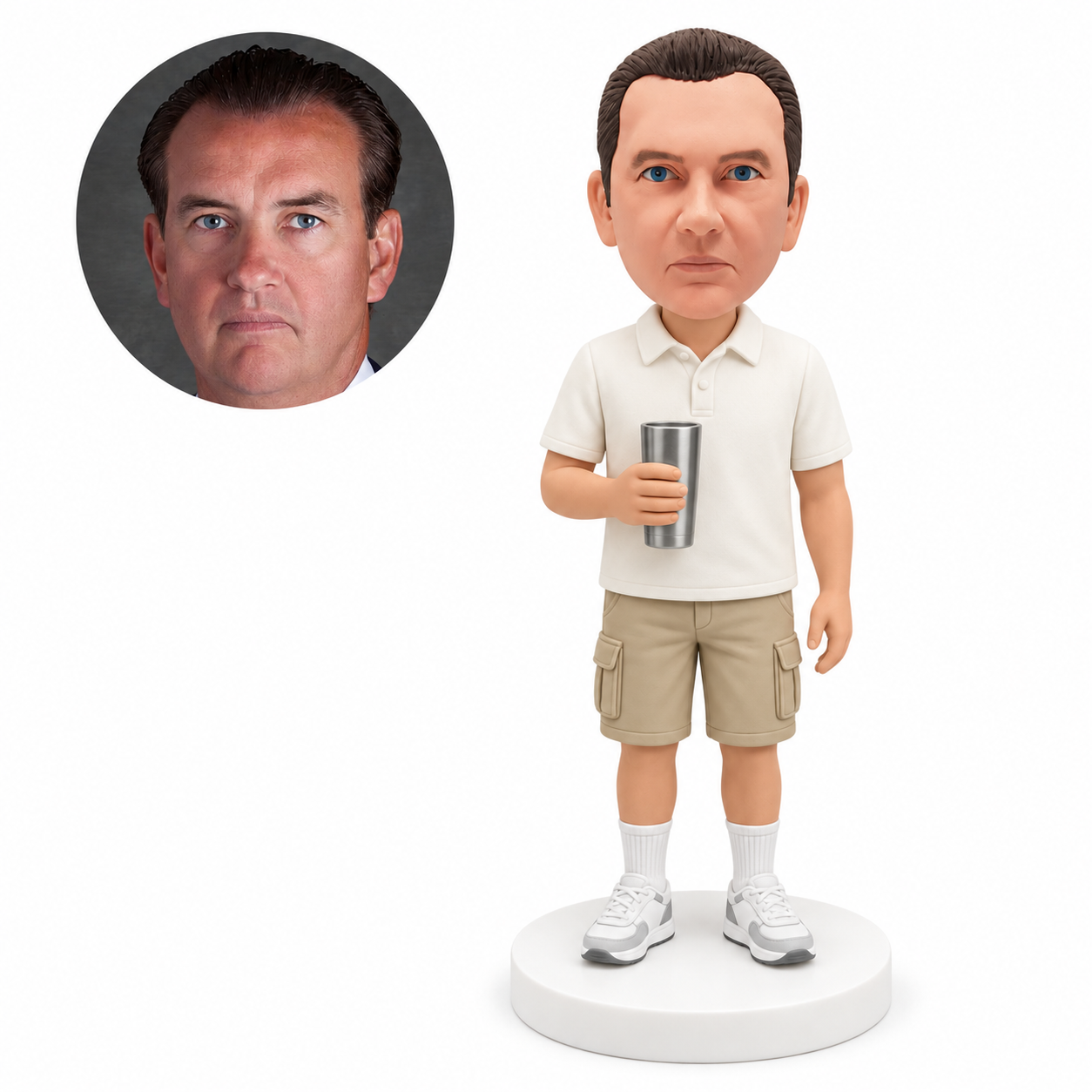 custom bobblehead figure man in a polo shirt and cargo shorts holding a tumbler