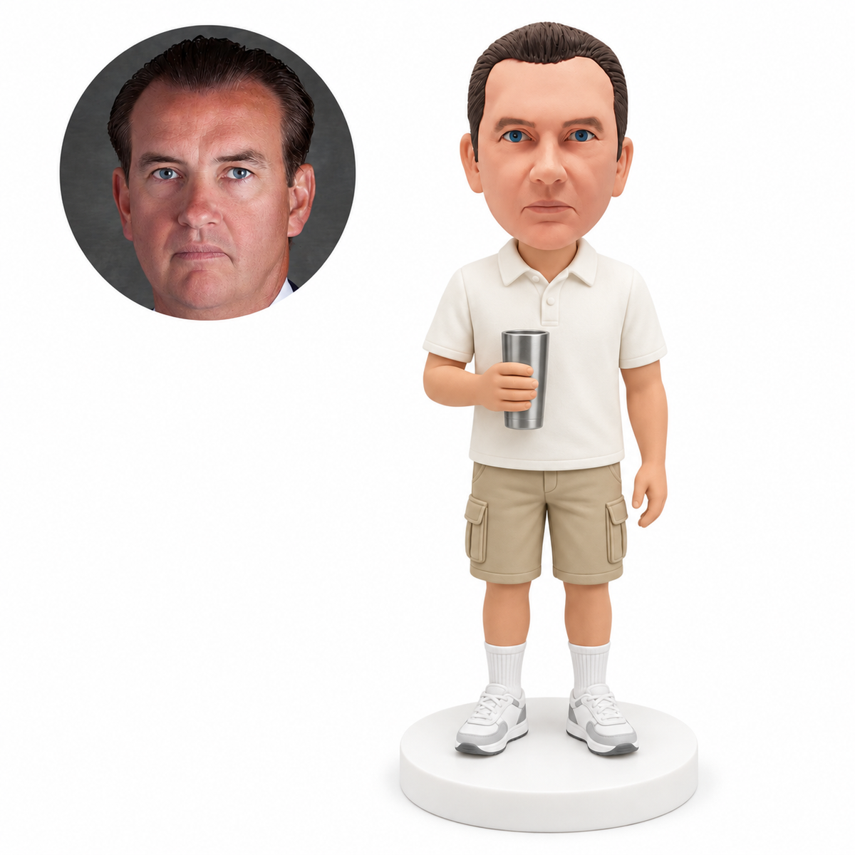 custom bobblehead figure man in a polo shirt and cargo shorts holding a tumbler