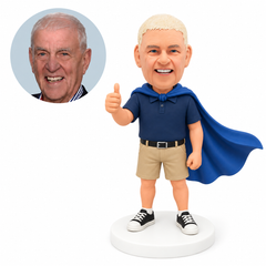 custom bobblehead figure man in a polo shirt and shorts giving a thumbs up with a cape