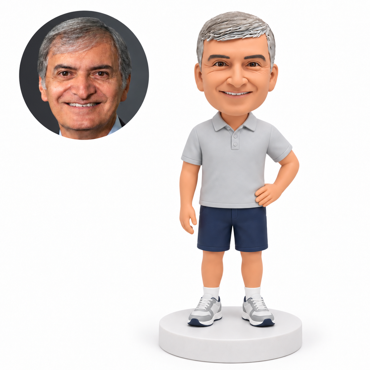 custom bobblehead figure man in a polo shirt and shorts with one hand on his hip