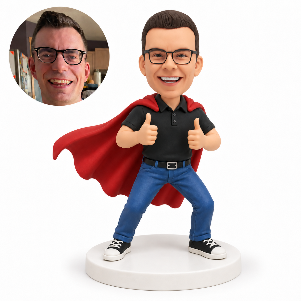 custom bobblehead figure man in a polo shirt with a cape giving two thumbs up