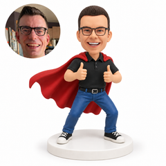 custom bobblehead figure man in a polo shirt with a cape giving two thumbs up