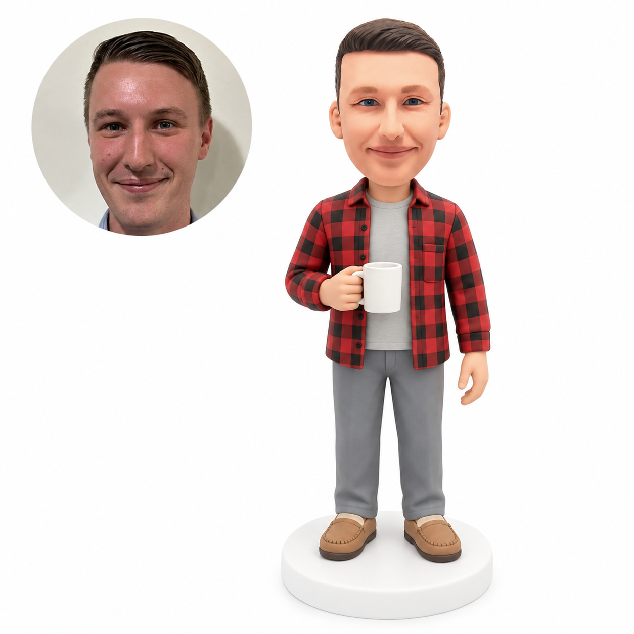 custom bobblehead figure man in an open plaid shirt holding a coffee mug