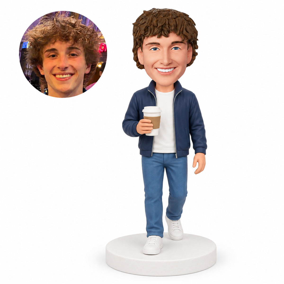 custom bobblehead figure man walking in a zip jacket holding takeaway coffee