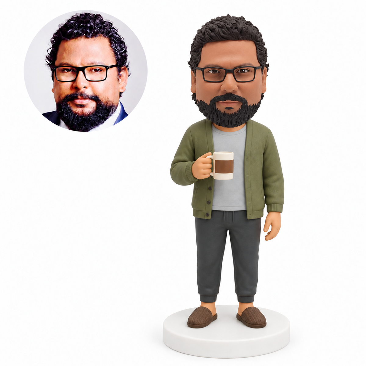 custom bobblehead figure man in a cardigan holding a coffee mug