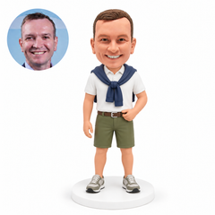 custom bobblehead figure man in a polo shirt with a sweater draped over his shoulders