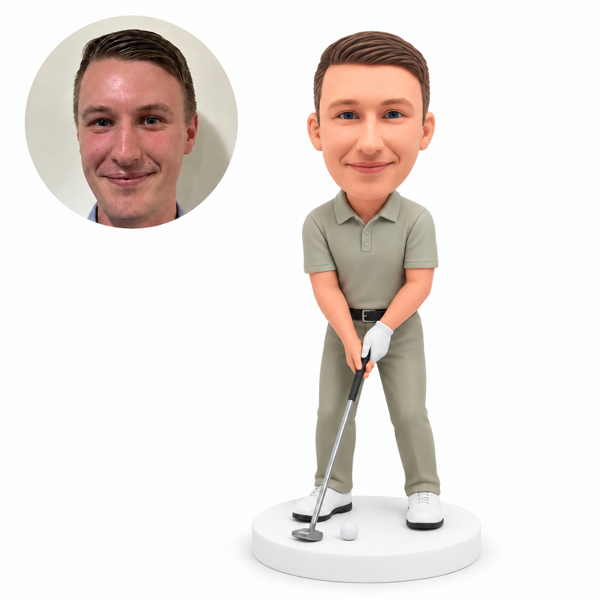 custom bobblehead figure male golfer in trousers addressing a golf ball