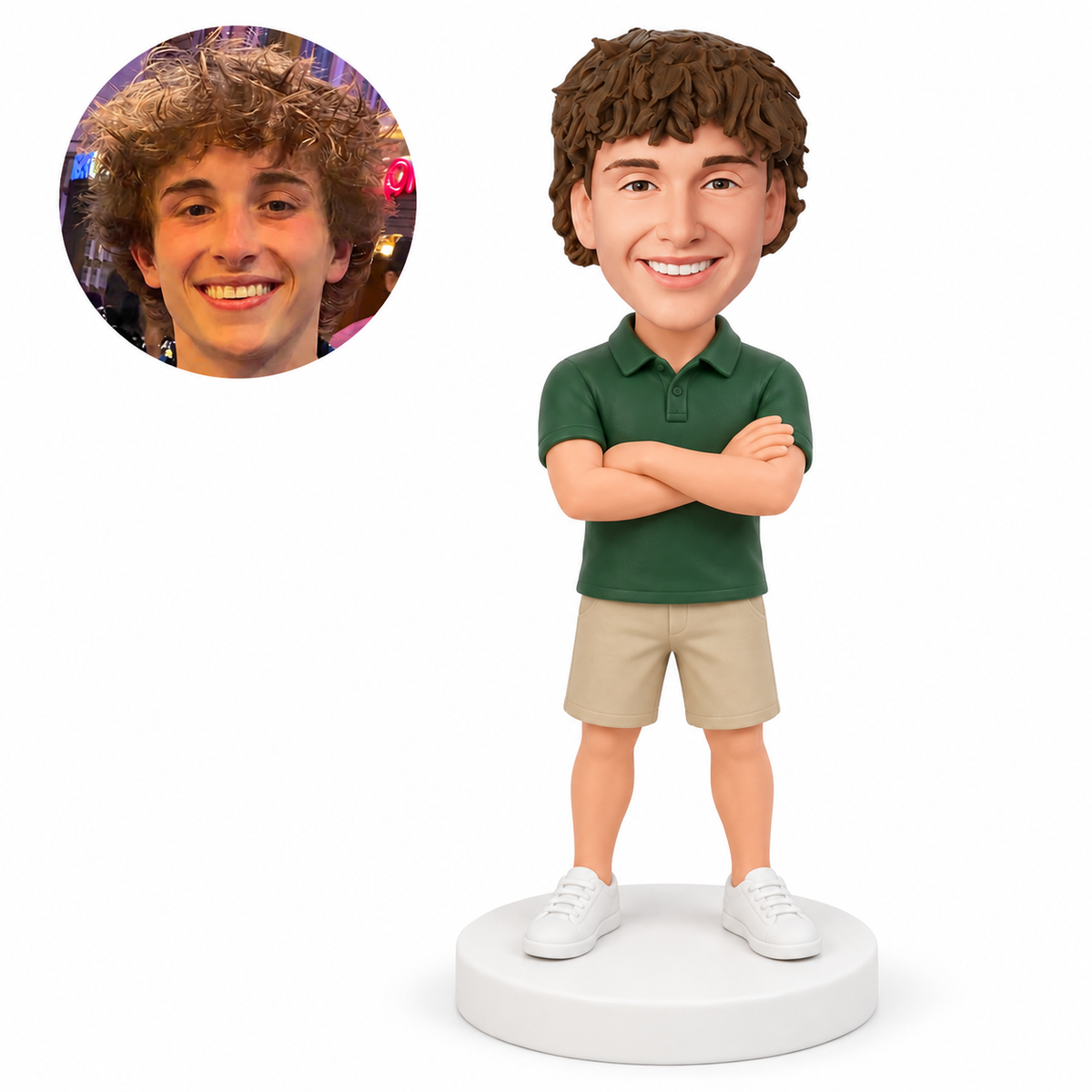 custom bobblehead figure man in a polo shirt and shorts with his arms crossed