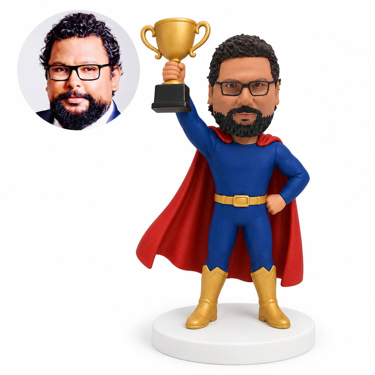 custom bobblehead figure man in a cape raising a trophy with one hand on his hip