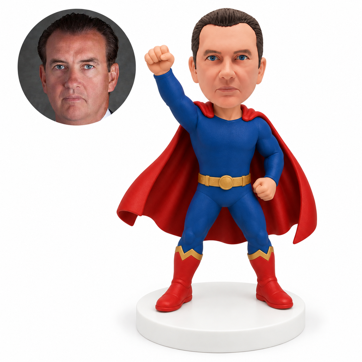 custom bobblehead figure man in a cape raising a fist with his other fist lowered