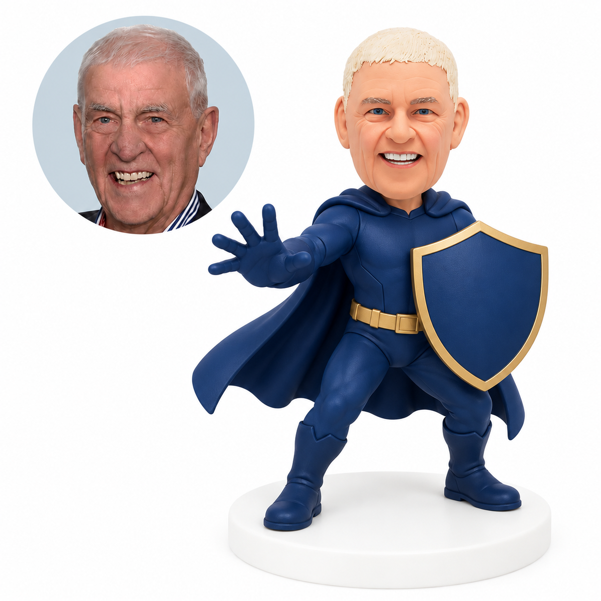 custom bobblehead figure man in a cape holding a shield with one hand extended