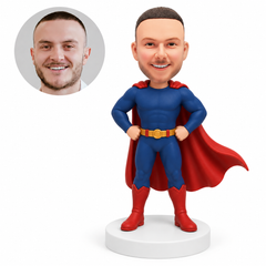 custom bobblehead figure man in a cape and tall boots with both hands on his hips