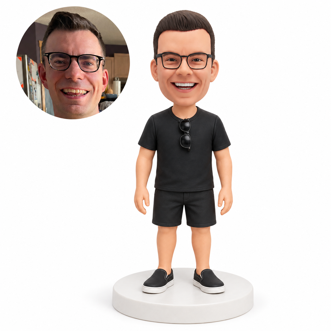 custom bobblehead figure man in a T-shirt and shorts with sunglasses hanging from his collar