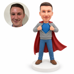 custom bobblehead figure man opening a sweatshirt over a T-shirt with a cape