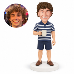 custom bobblehead figure man in a polo shirt and shorts holding a coffee mug