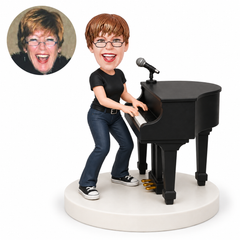 custom bobblehead figure woman standing at a grand piano with a microphone