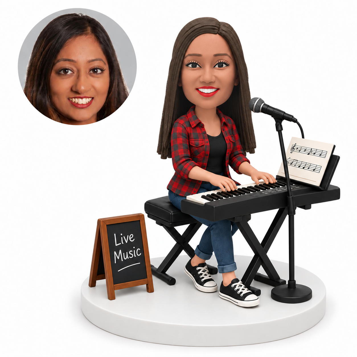 custom bobblehead figure woman playing an electronic keyboard with a microphone and music sign