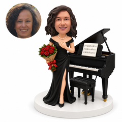 custom bobblehead figure woman in an evening gown holding roses beside a grand piano