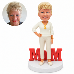 custom bobblehead figure mother standing with one hand on her hip beside MOM letters