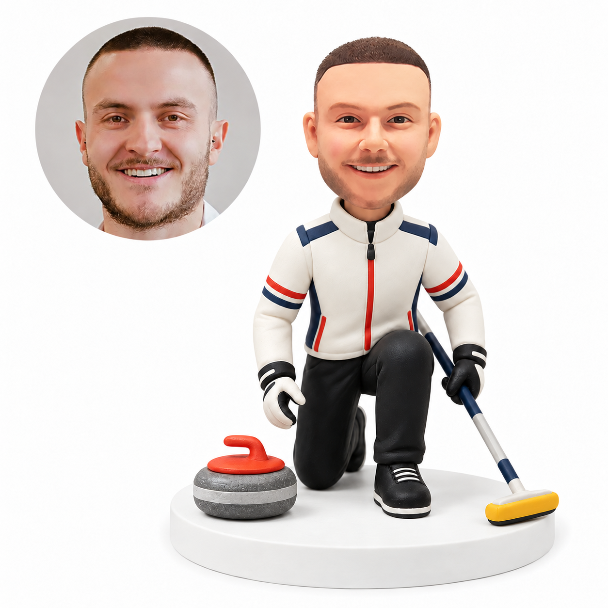 custom bobblehead figure male curling player kneeling with a broom and stone