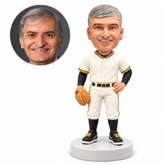 custom bobblehead figure male baseball player with a glove at his side and one hand on his hip